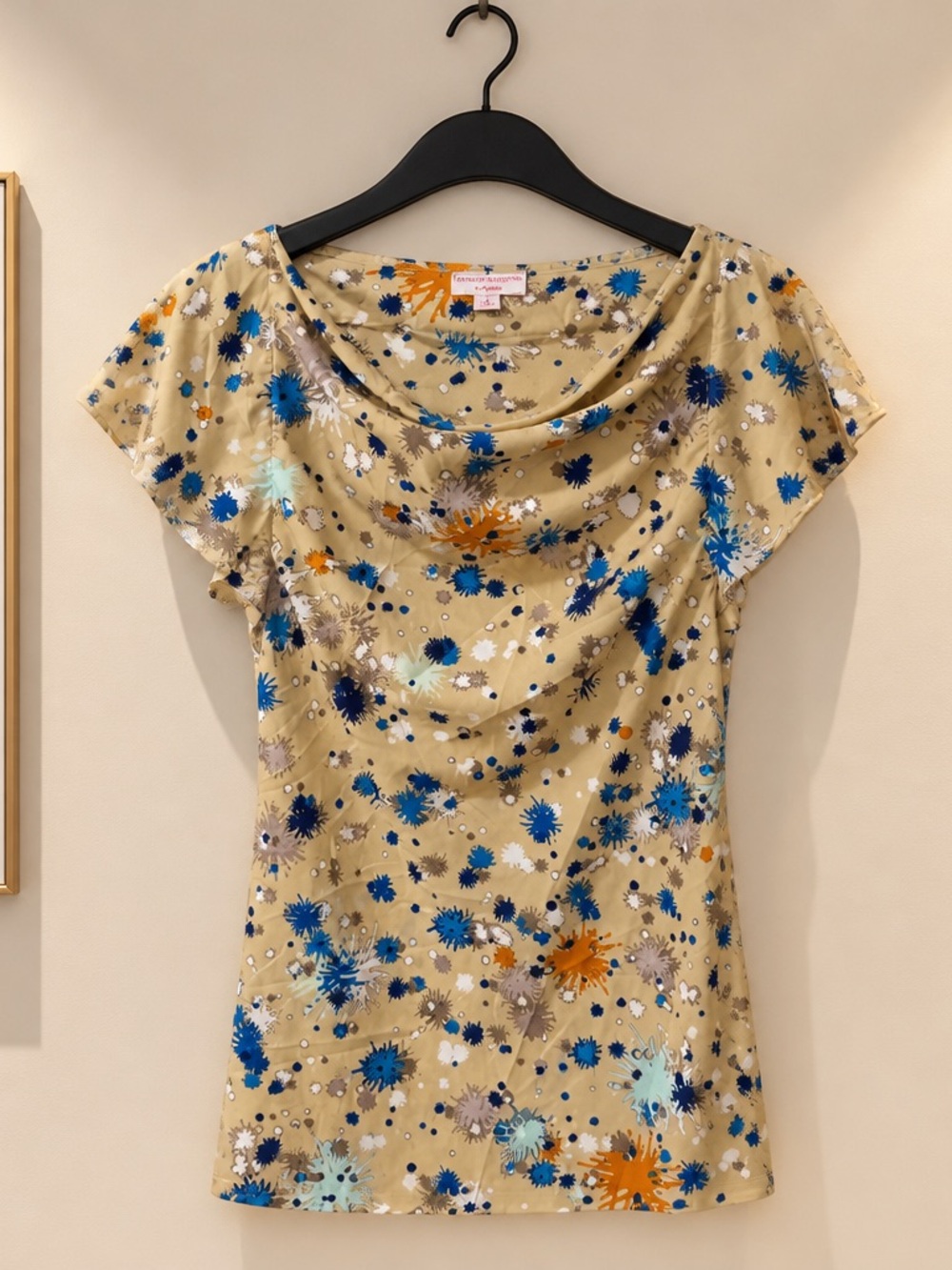 Matthew Williamson Beige Floral Splash Cowl Neck Short Sleeve Top